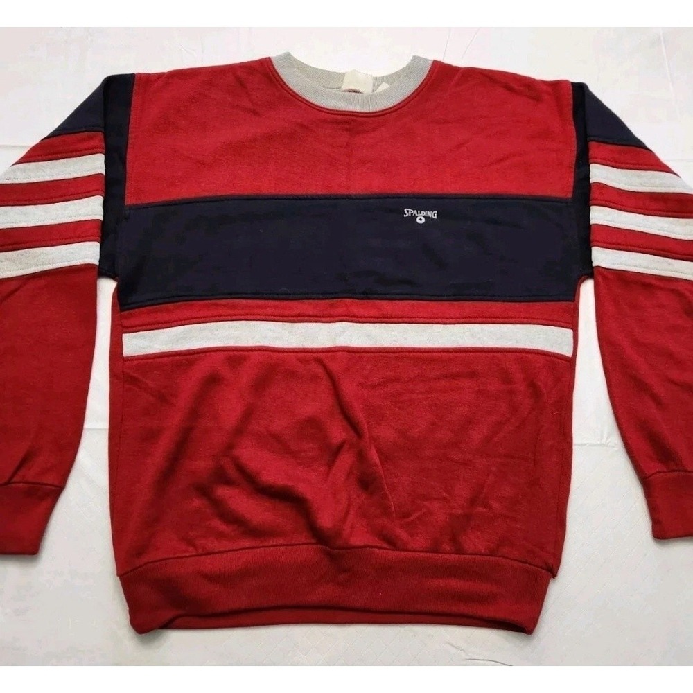 Vintage Spalding Sweater Mens Medium Red Navy Blue Crewneck Striped 90s Pullover